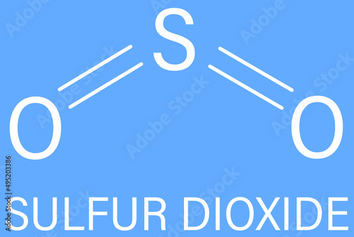 Sulfur dioxide food preservative molecule (E220). Also used in winemaking and responsible for sulfites in wine. Skeletal formula.