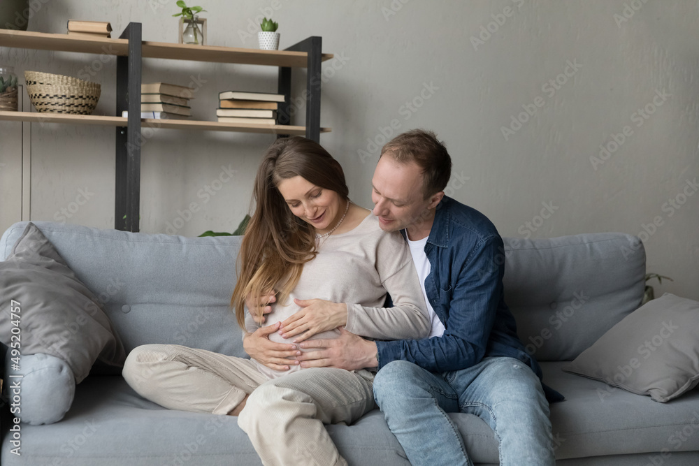 Smiling young 35s man stroking belly of pregnant wife, expressing sincere loving feelings to unborn baby, expecting childbirth together, resting on comfortable couch at home, happy parenthood concept. Smiling young 35s man stroking belly of pregnant wife, expressing sincere loving feelings to unborn baby, expecting childbirth together, resting on comfortable couch at home, happy parenthood concept.