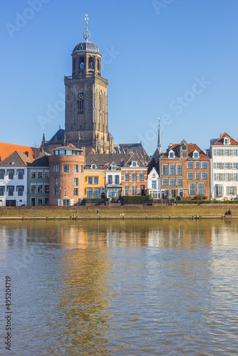 Tower of the historic Lebuinus church at the quayside in Deventer, Netherlands