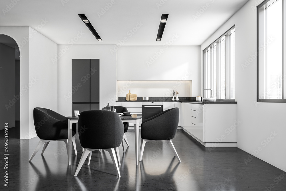 Fototapeta premium Bright kitchen room interior with dining table with armchairs