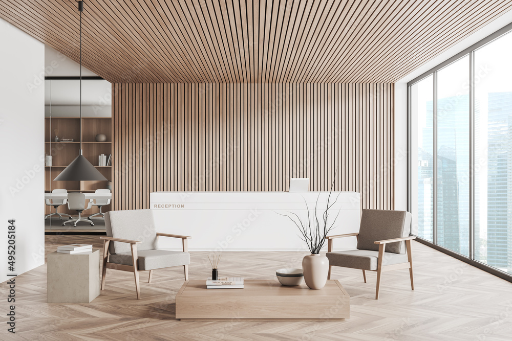 Front view on bright office reception interior with panoramic window ...