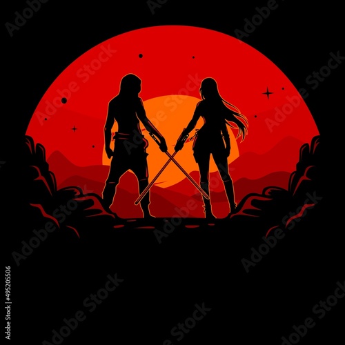 Vector silhouette of male and female swordsmen facing each other