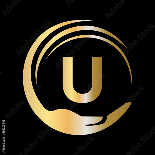 Hand Care Logo Template On Letter U. Initial Unity Charity Foundation Sign. Unity Team Work Logo Design with U Letter Template