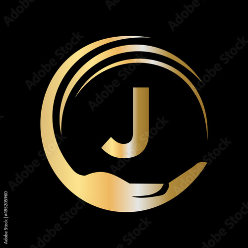 Hand Care Logo Template On Letter J. Initial Unity Charity Foundation Sign. Unity Team Work Logo Design with J Letter Template