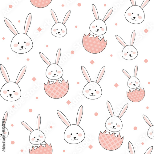 Colourful Easter pattern with bunnies and eggs. Vector