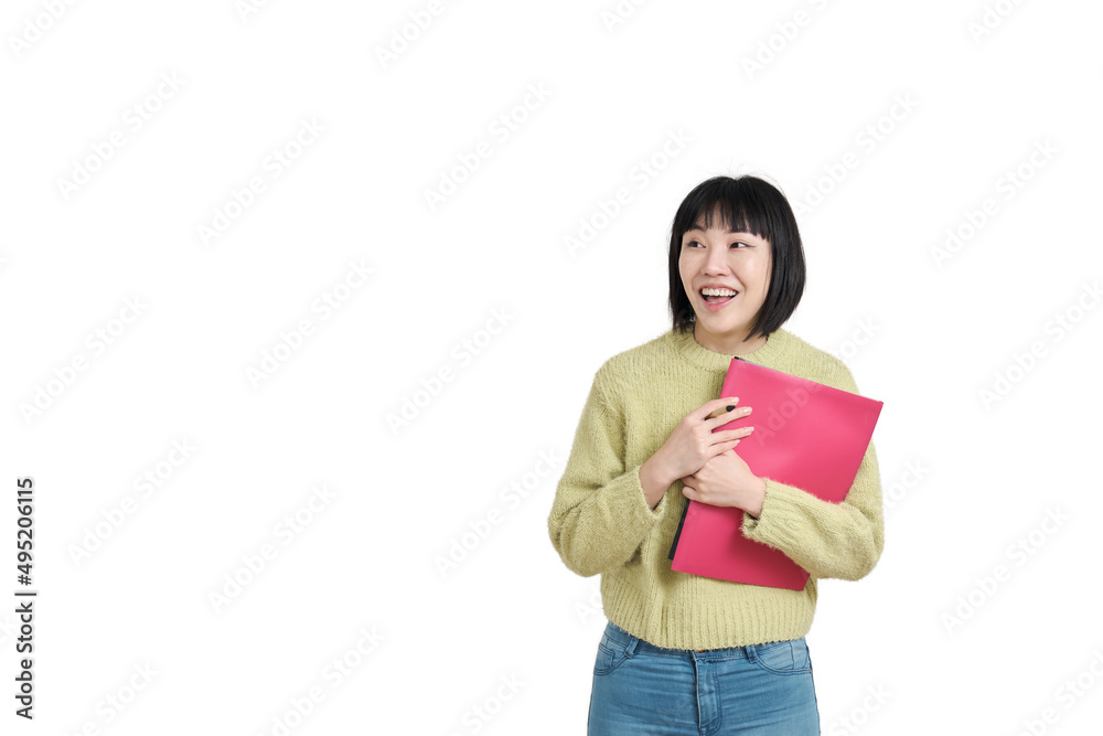 Young asian student woman surprised and looking at a side, wearing winter green sweater, isolated on white background.