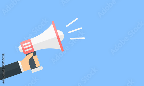 Flat megaphone and hand for marketing advertising design. Loudspeaker flat vector illustration. Businessman holding megaphone.