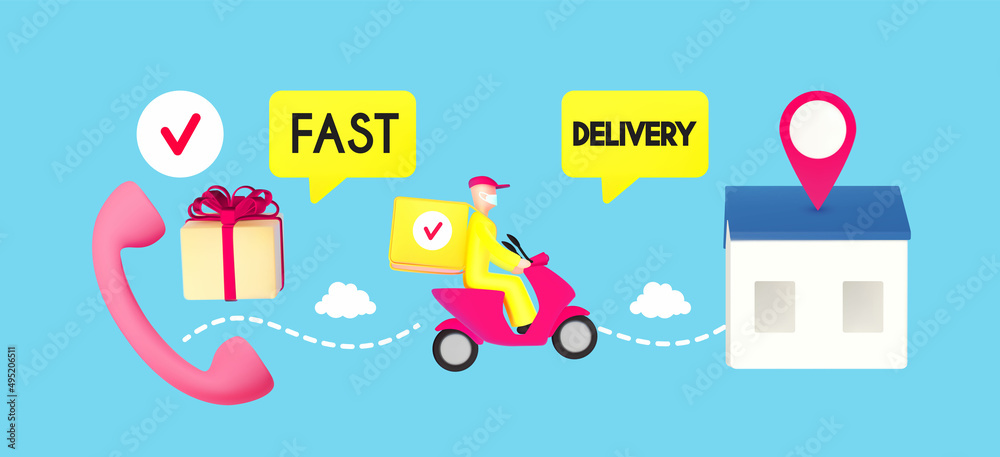 Fast delivery concept. Handset, courier wearing mask on red scooter with delivery box rides to the house. 3D design concept. Fast delivery