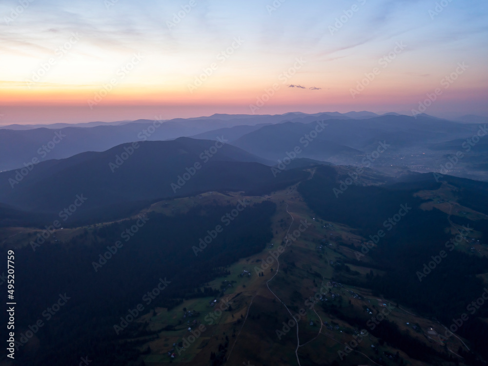 Ukrainian Carpathians mountains on a summer morning. Aerial drone view.