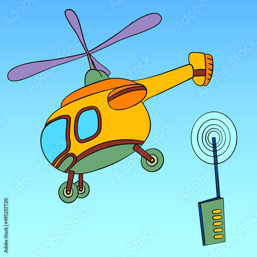 children's radio-controlled helicopter in the sky, drawing, vector, cartoon