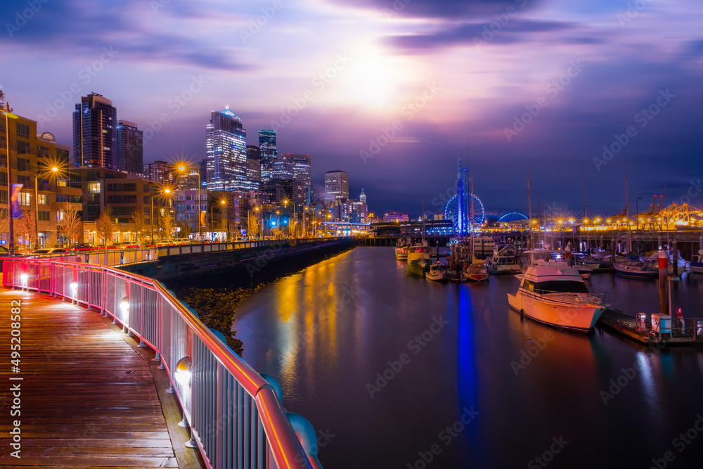 Seattle WA, USA- waterfront at night light, skyline night light with a marina and ferris 66, 
