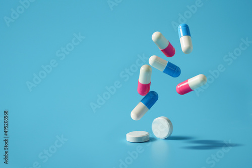 Drug or medicine,medicine pills and antibiotics background Space for text on a blue background