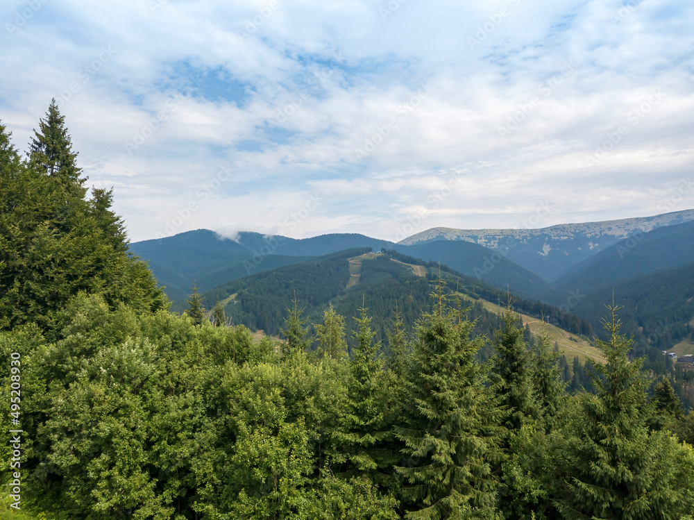 Obraz premium Green mountains of Ukrainian Carpathians in summer. Sunny day, rare clouds. Aerial drone view.