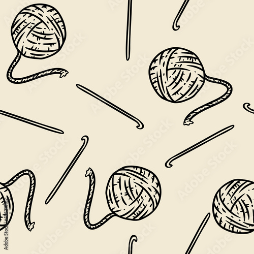 Cute cartoon yarn and crochet hook doodles seamless border pattern. Vector repeatable background texture tile. Cozy template of stock illustration for wrapping design, wallpaper photo