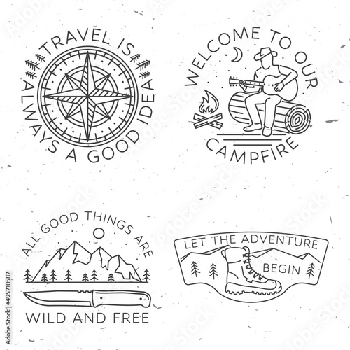Welcome to our campfire. Vector illustration. Concept for shirt or logo, print, stamp or tee. Vintage line art design with campfire and man with guitar.