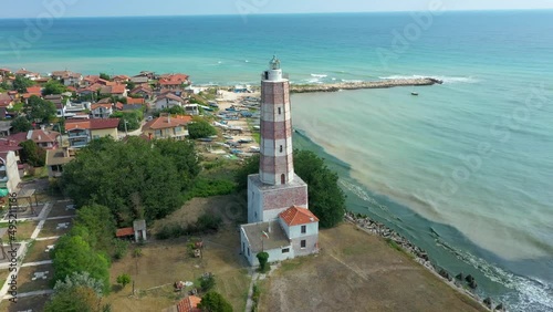 4k aerial footage in sunny day of the oldest lighthouse on the Balkan peninsular, Shabla, Bulgaria photo
