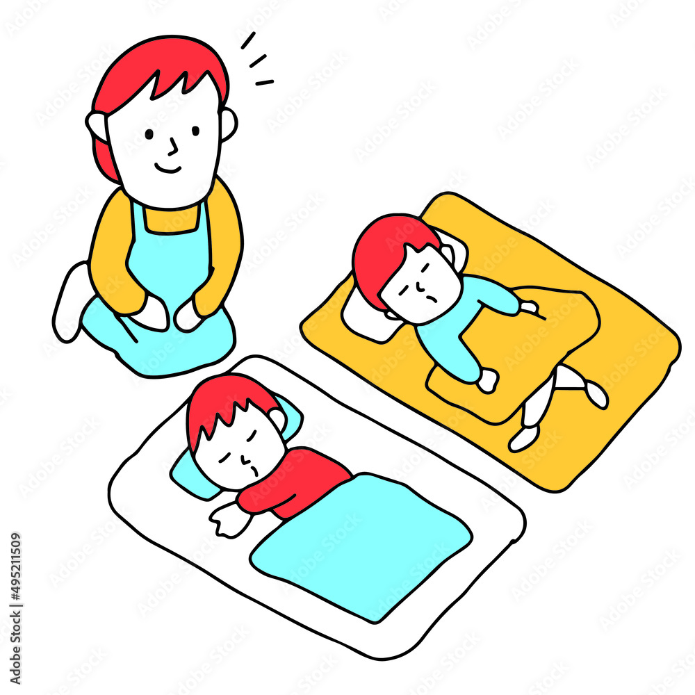 保育園でスヤスヤお昼寝する園児たちと見守る保育士のイラスト Stock Vektorgrafik Adobe Stock