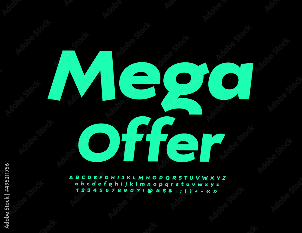Vector promo flyer Mega Offer. Green elegant Font. Trendy Alphabet Letters, Numbers and Symbols set