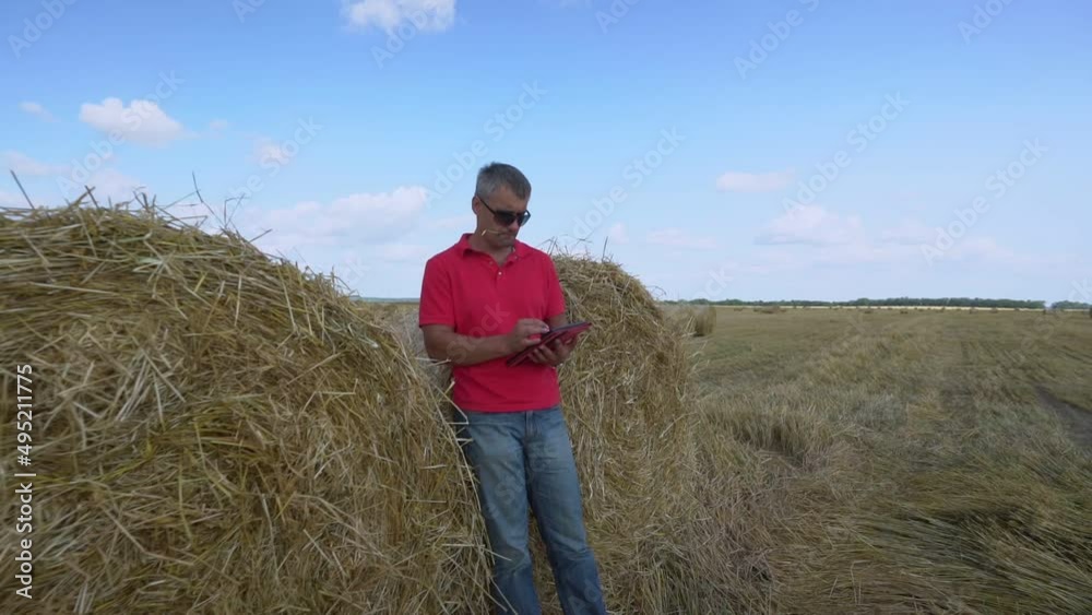 Agronomist stands on field near straw bales and makes recordings in tablet and holding straw in his mouth Agronomist stands on field near straw bales and makes recordings in tablet and holding straw in his mouth