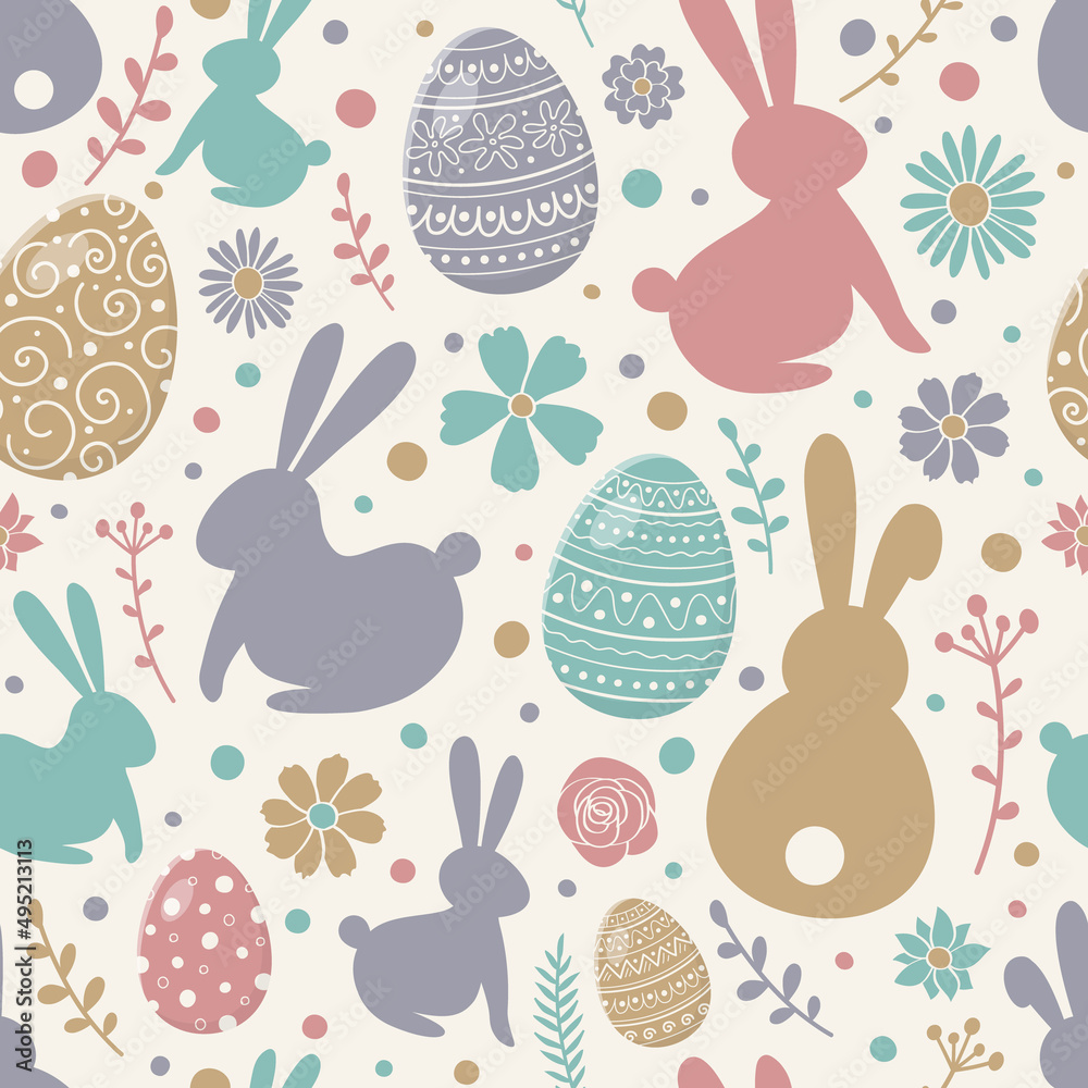Easter texture with colourful eggs, bunnies and flowers. Seamless pattern. Vector
