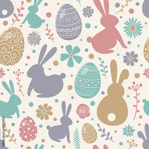 Easter texture with colourful eggs, bunnies and flowers. Seamless pattern. Vector