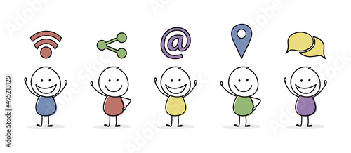 Concept of business icons with funny stickman. Vector