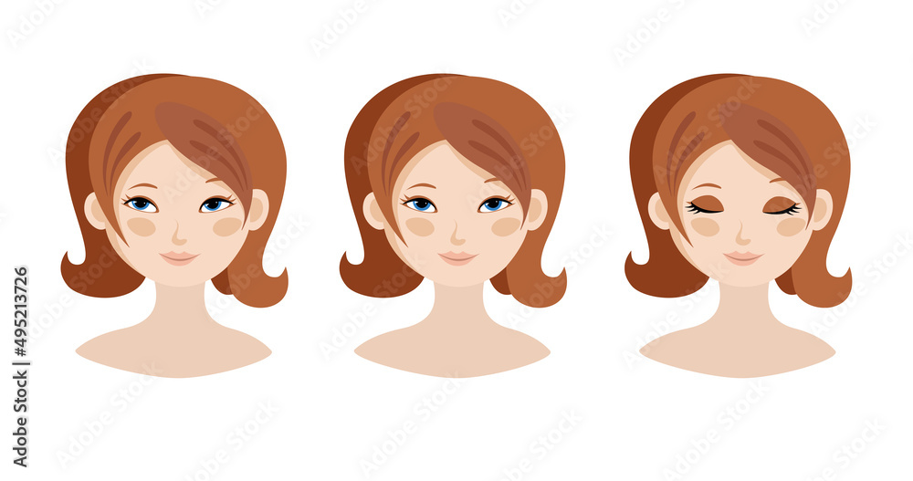 Template face portrait of a cute caucasian girl. Girl with open and closed eyes illustration Template face portrait of a cute caucasian girl. Girl with open and closed eyes illustration