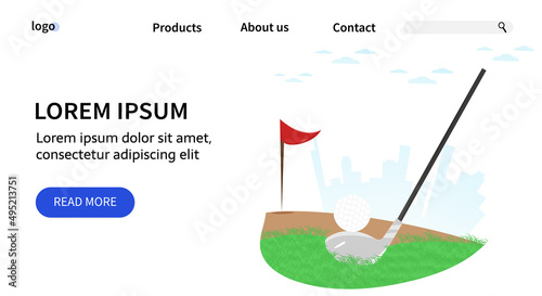 Golf Landing Page Template. Vector illustration of a stick with a ball on the playing field against the background of the city. Summer Sports training or Competitions, golf club