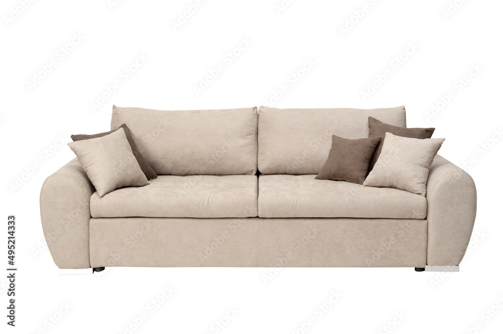Large beige sofa with pillows, isolated on white background Large beige sofa with pillows, isolated on white background