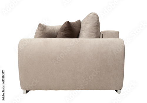 Beige sofa on a white background isolated, side view