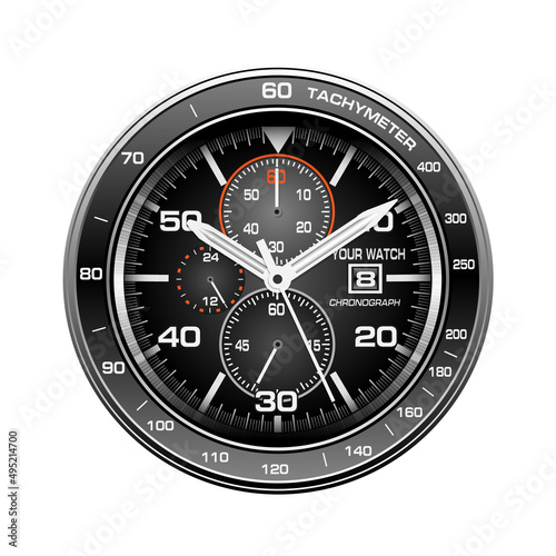 Realistic black white orange clock watch face chronograph luxury isolated background vector