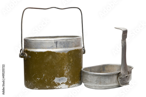 Military mess kit on white background, clipping path, no shadows. Aluminum Soviet Army mess kit isolated on white background