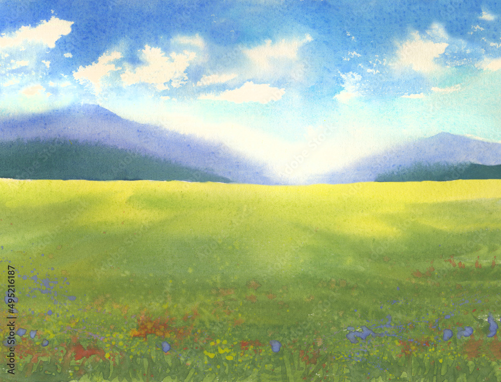 Watercolor landscape with distant hills, sunrise and blue sky with clouds, green grass with abstract flowers, sunlight over natural landscape. Hand painted illustration