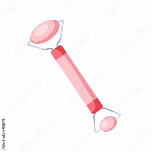 Roller for facial massage and Gua Sha. Natural Rose Quartz Stone Roller Anti-aging Skin Care Beauty Tool. Vector illustration.