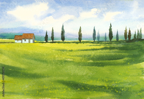 Landscape with houses, watercolor illustration with tuscany trees, blue sky and green grass