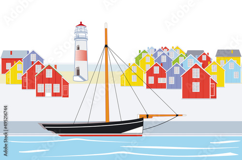 altes Segelschiff im kleinen Hafen Illustration