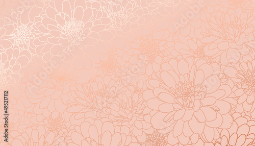 Metallic foiled chrysanthemum flowers in hand drawn line art on calm coral background. Luxurious art deco wallpaper design for print, poster, cover, banner, fabric, invitation.