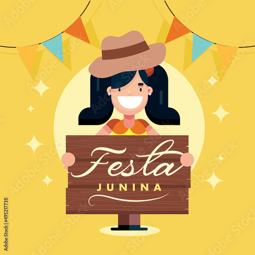 Sao joao brazil festa junina traditional festival girl with template banner poster vector