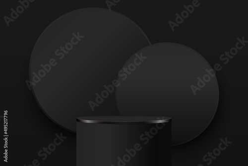 Black pedestal with a circular background. Vector abstract studio 3D platform. Minimal scene for beauty products. Showcase, advertising display.