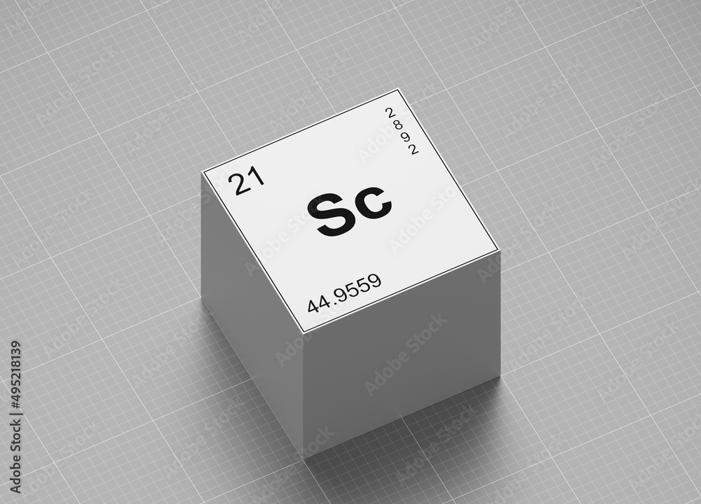 Scandium, element symbol from periodic table on white cube on milimeter paper 3D render orthographic projection view Scandium, element symbol from periodic table on white cube on milimeter paper 3D render orthographic projection view