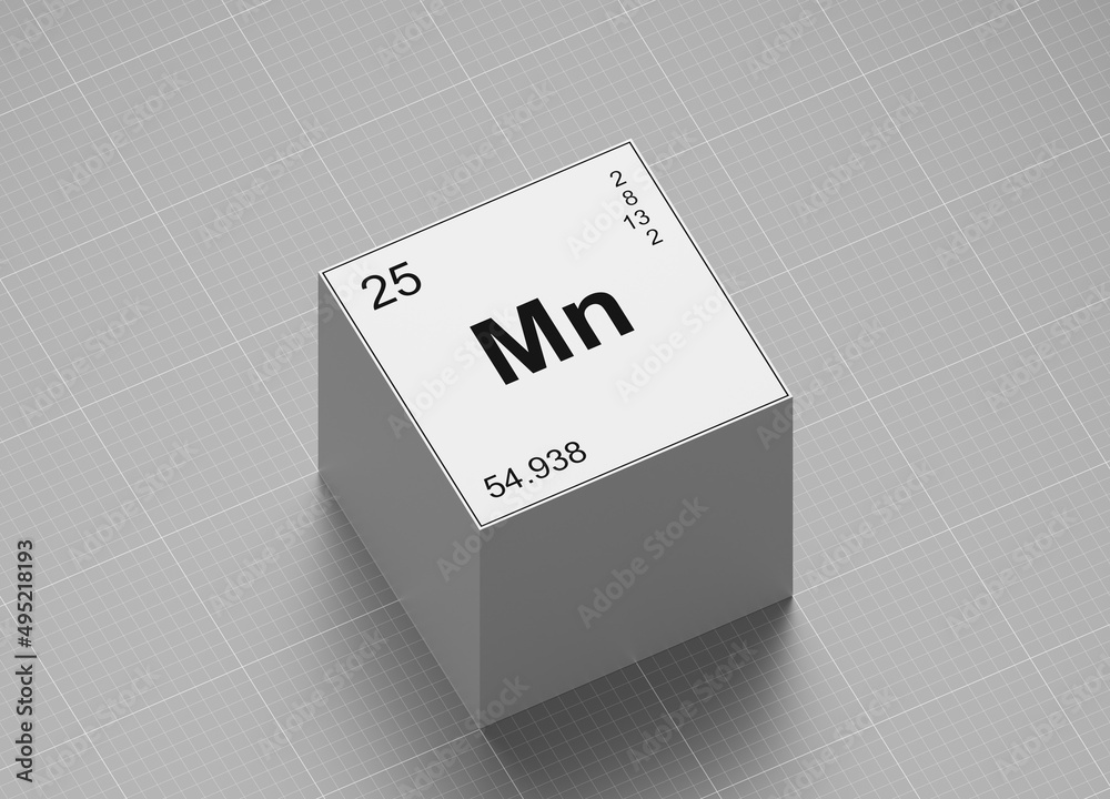 Manganese, element symbol from periodic table on white cube on milimeter paper 3D render orthographic projection view Manganese, element symbol from periodic table on white cube on milimeter paper 3D render orthographic projection view