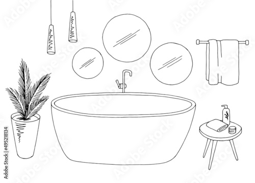 Bathroom graphic home interior black white sketch isolated illustration vector 