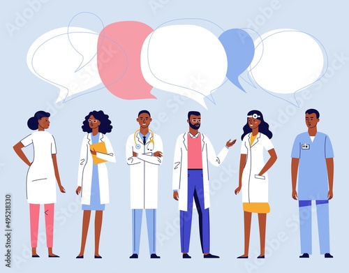 Medicine team concept with different black doctors in hospital.
