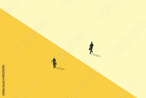 Business dispute or disagreement vector concept with two businessman walking away from each other. Symbol of miscommunication, conflict, argument. Eps10 illustration.