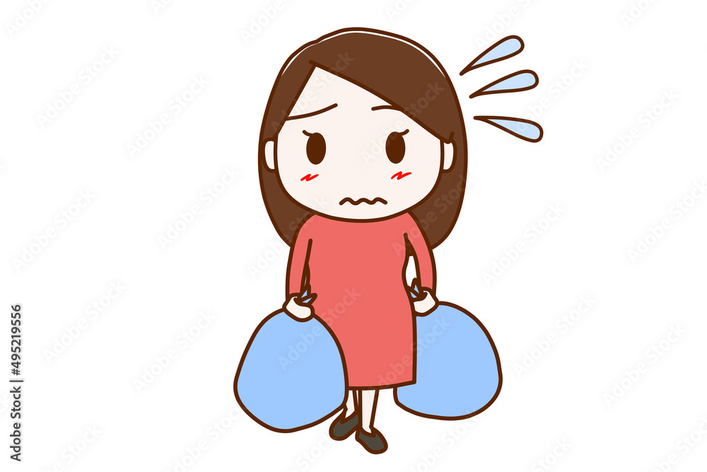 (全身正面)大きなゴミ袋を持って嫌だけれどゴミ捨てに行く女性 (全身正面)大きなゴミ袋を持って嫌だけれどゴミ捨てに行く女性