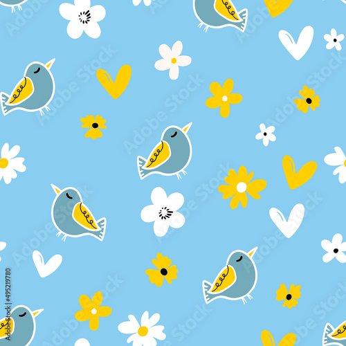Seamless pattern with funny colorful birds. Color flat vector illustration with little cartoon bird. Cute characters. Template design for invitation, poster, card, flyer, textile, fabric for kids © Alla