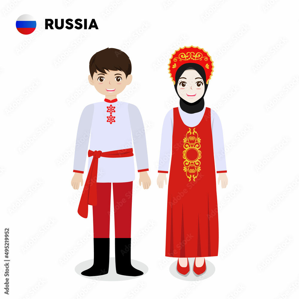 Couple of cartoon characters in Russia traditional costume vector illustration