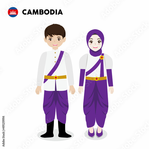 Couple of cartoon characters in Cambodia traditional costume vector illustration
