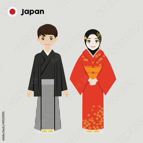 Couple of cartoon characters in Japan traditional costume vector illustration