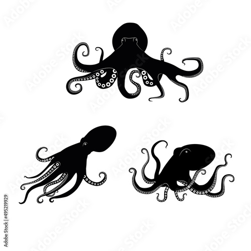 Set of octopus different formy on white background. Vector illustration of octopus for logo, tattoo, decoration in flat style.
